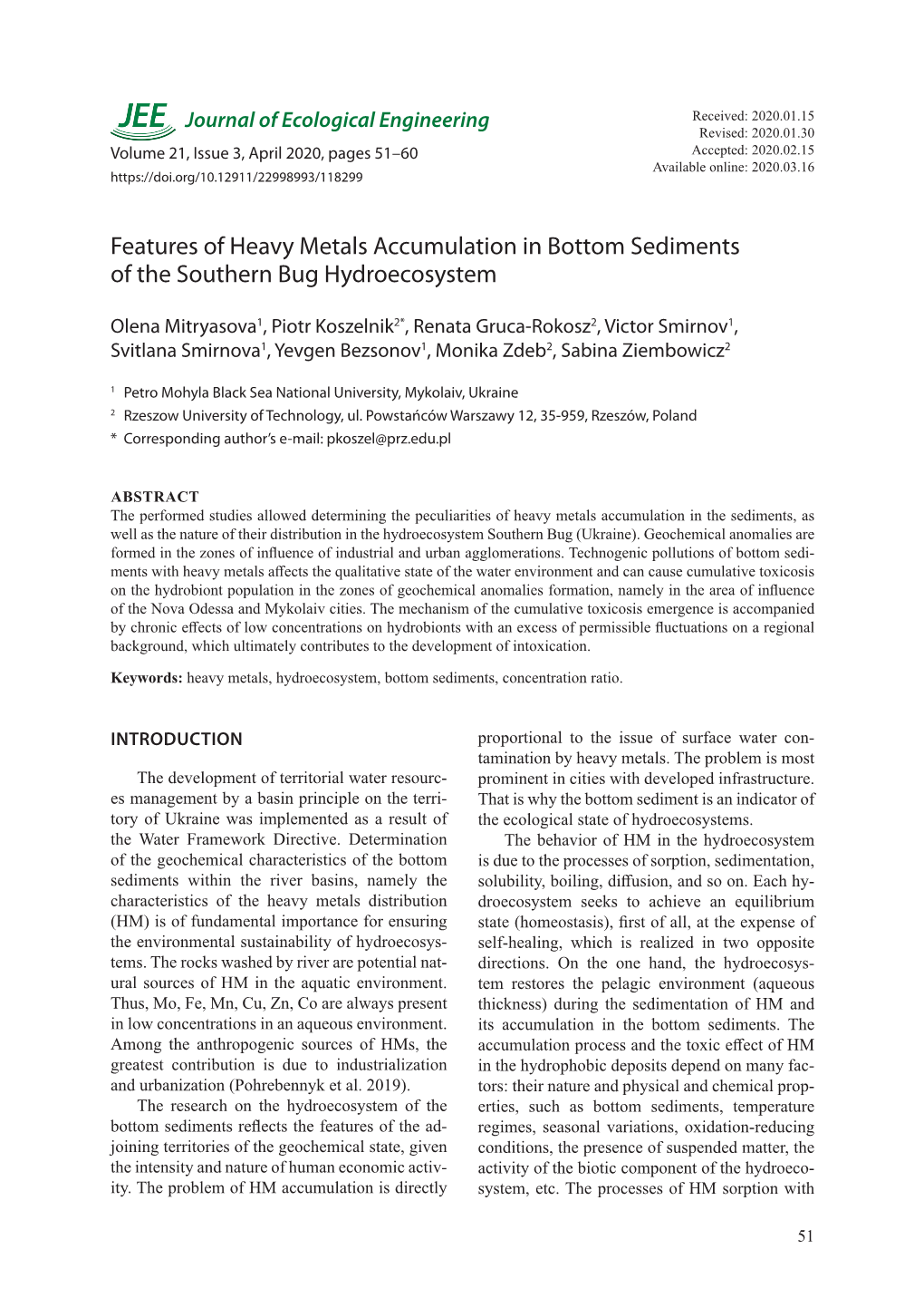 Features of Heavy Metals Accumulation in Bottom Sediments of the Southern Bug Hydroecosystem