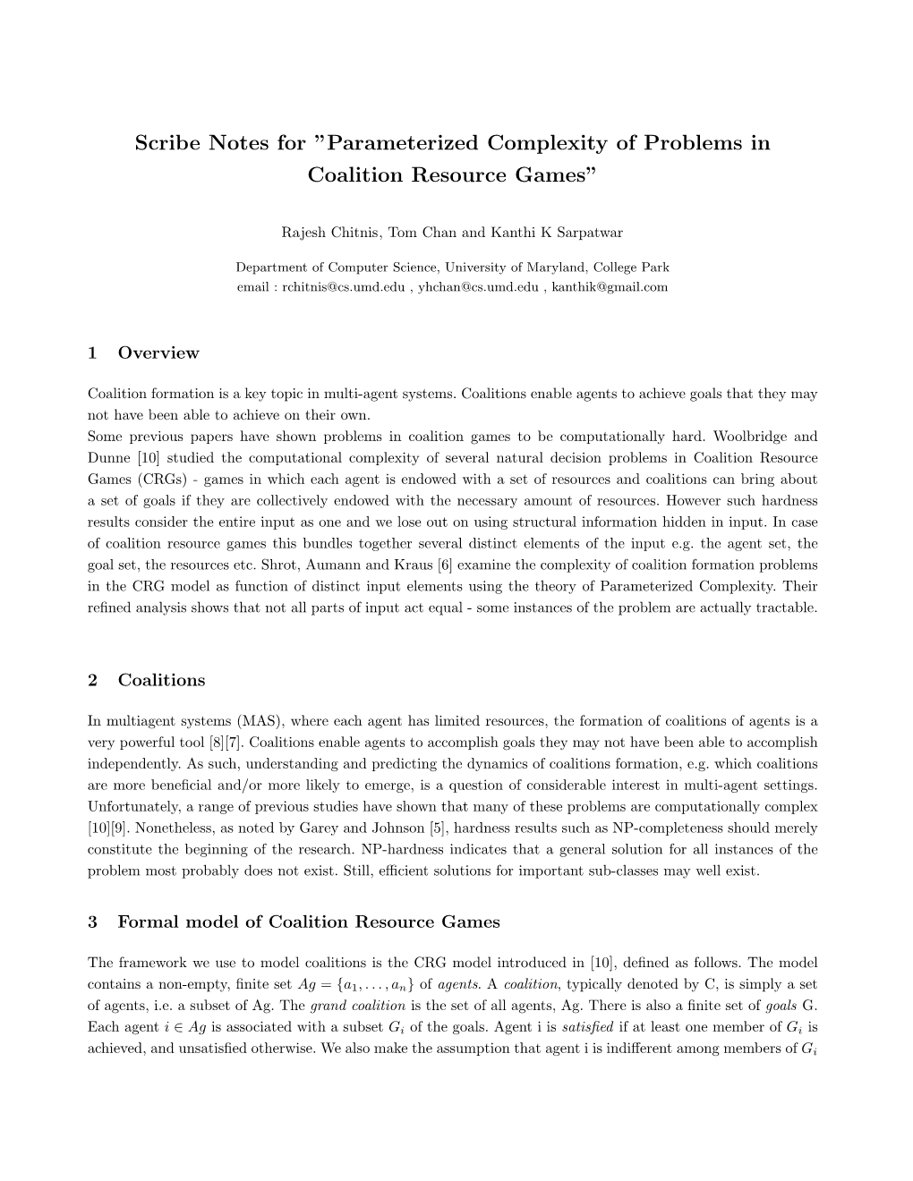 Scribe Notes for ”Parameterized Complexity of Problems in Coalition Resource Games”