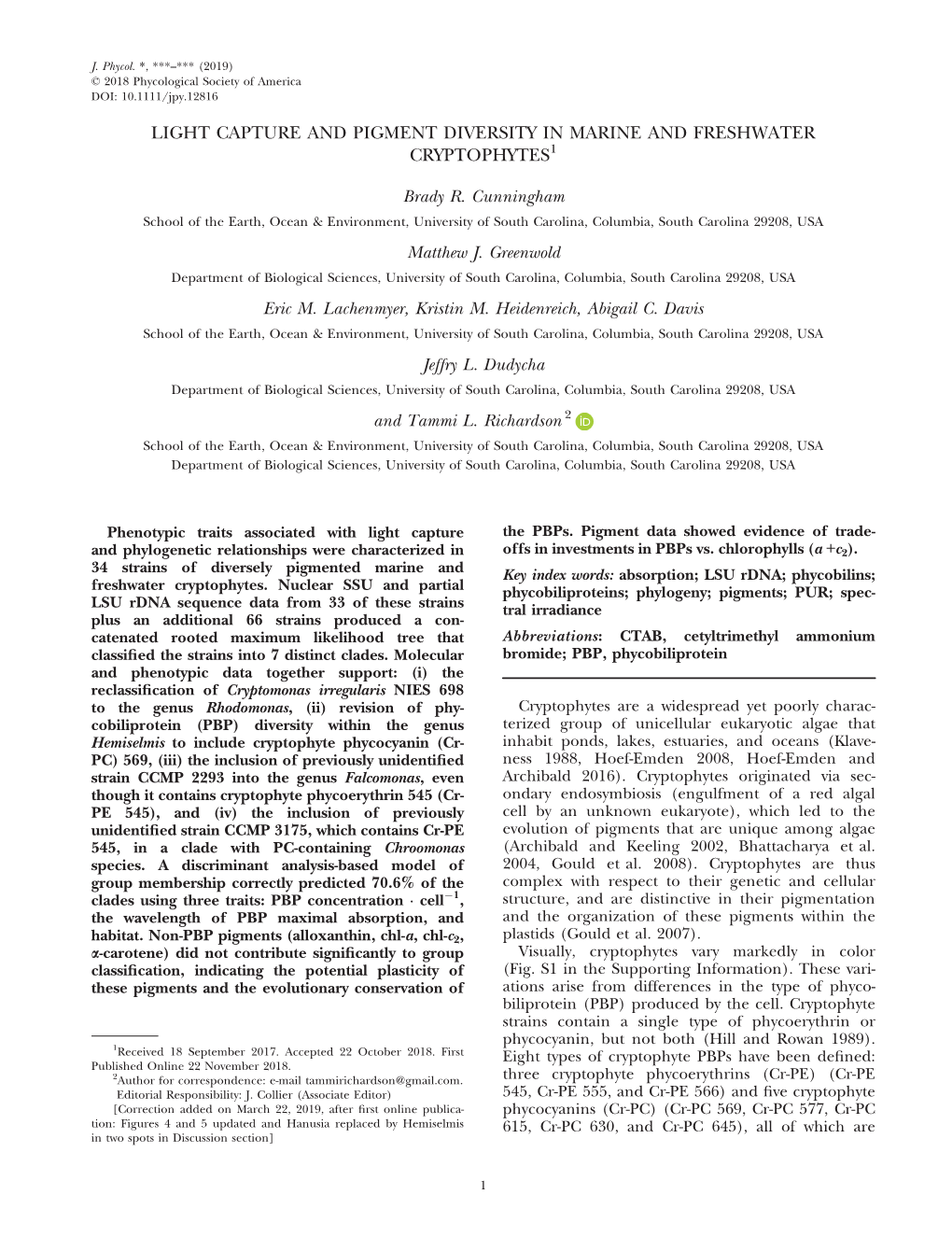 Light Capture and Pigment Diversity in Marine and Freshwater Cryptophytes1