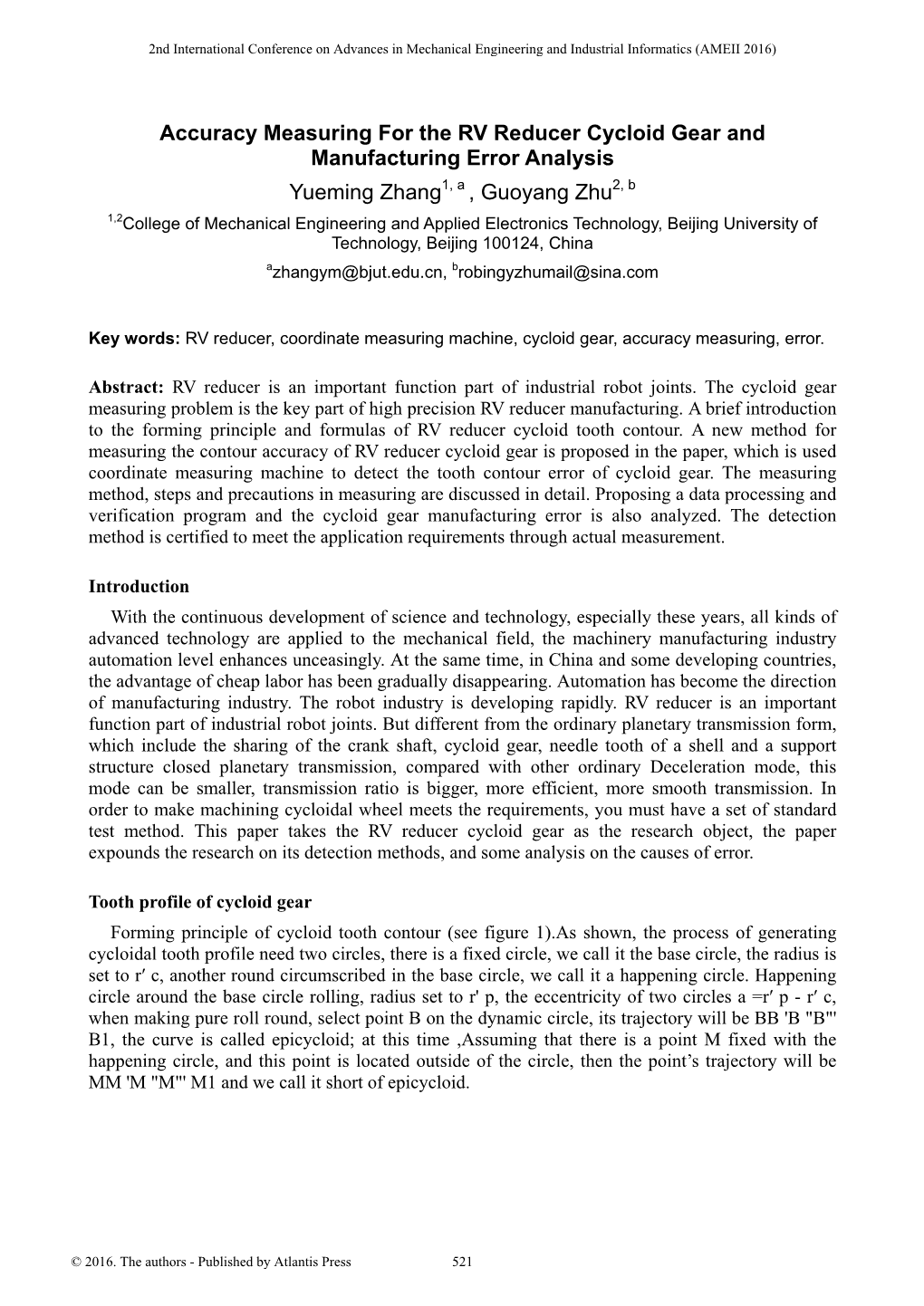 Accuracy Measuring for the RV Reducer Cycloid Gear And