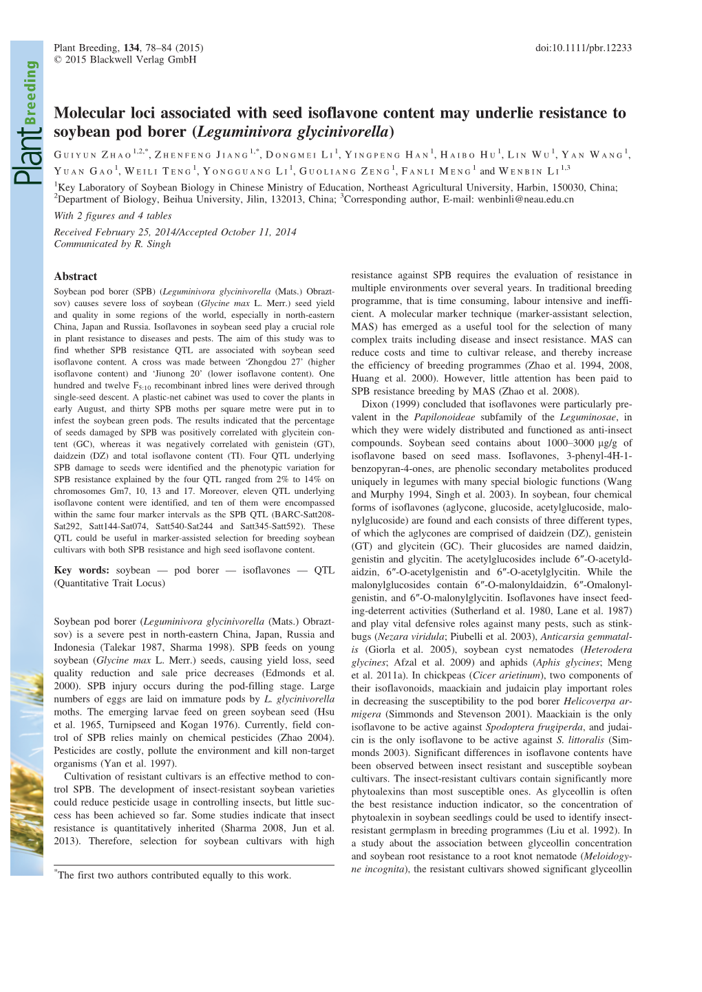 Molecular Loci Associated with Seed Isoflavone Content May Underlie Resistance to Soybean Pod Borer (Leguminivora Glycinivorella)