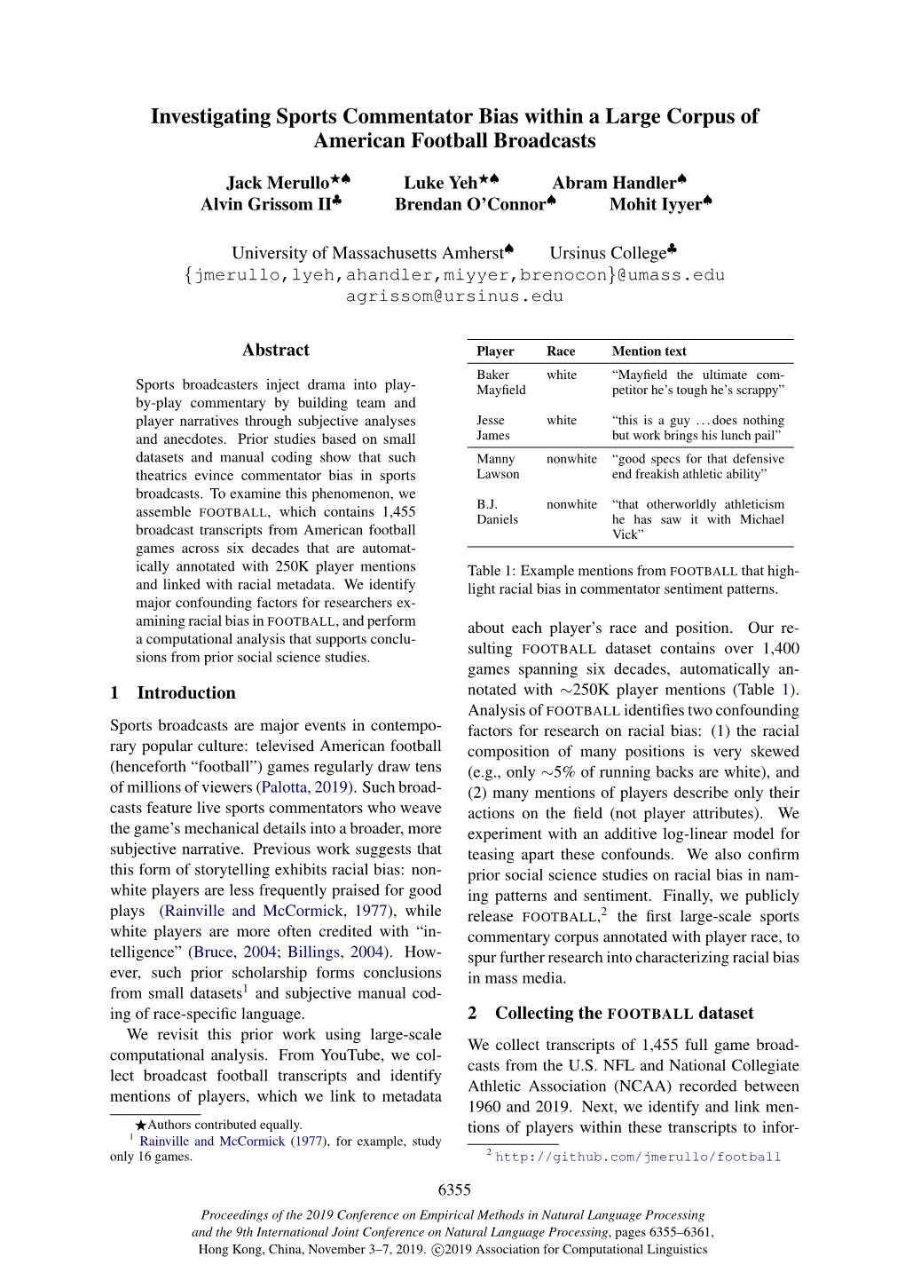 Investigating Sports Commentator Bias Within a Large Corpus of American Football Broadcasts