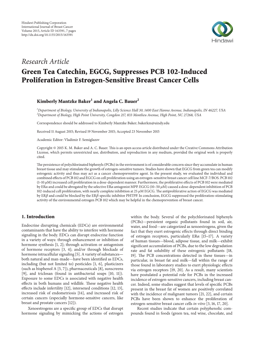 Research Article Green Tea Catechin, EGCG, Suppresses PCB 102-Induced Proliferation in Estrogen-Sensitive Breast Cancer Cells