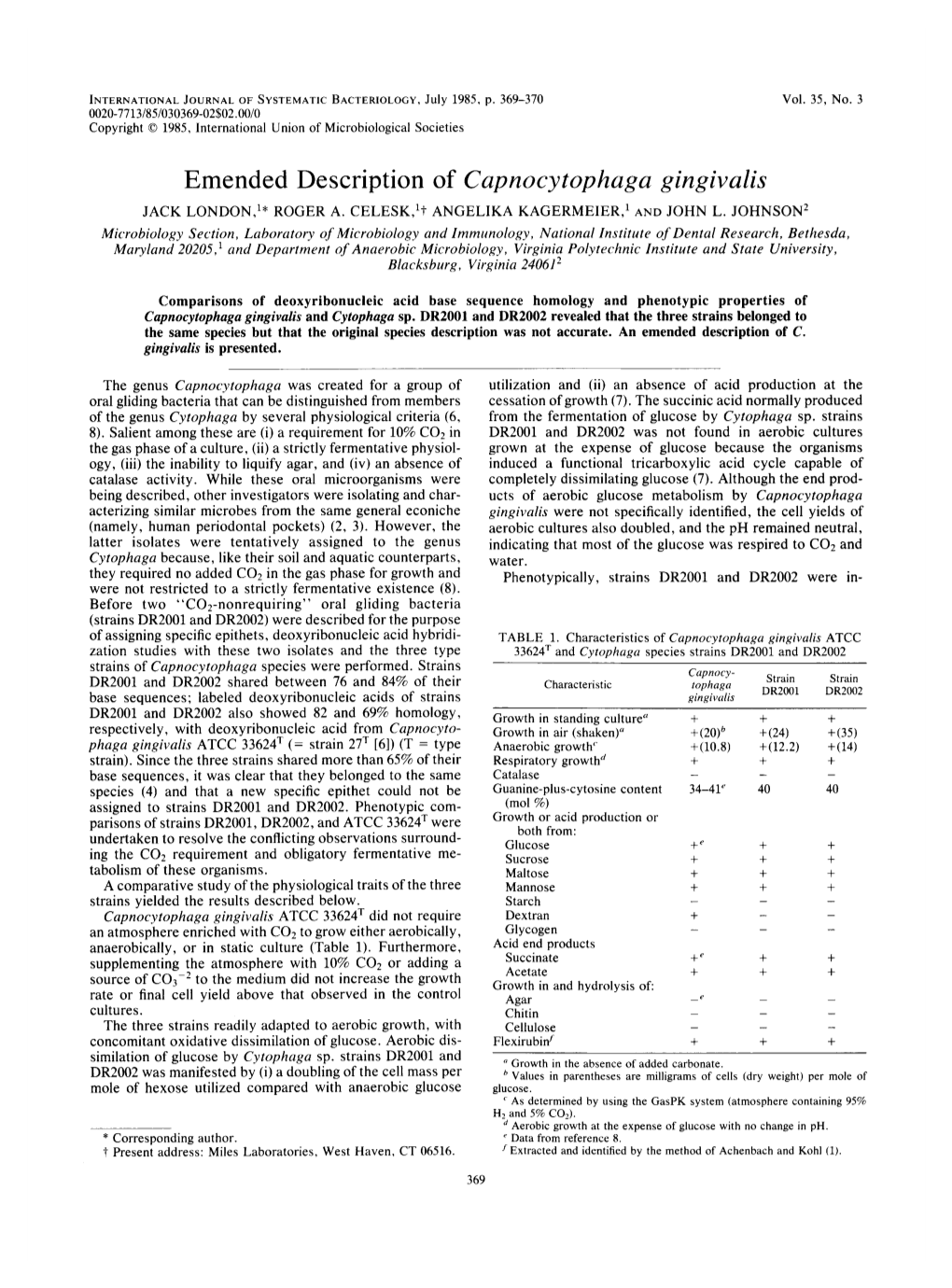 Emended Description of Capnocytophaga Gingivalis