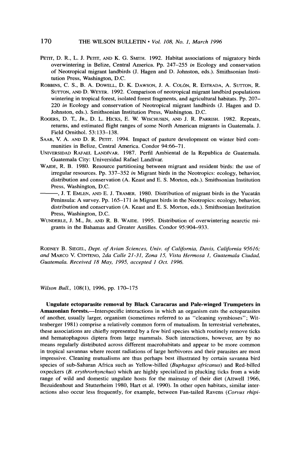 Ungulate Ectoparasite Removal by Black Caracaras and Pale-Winged