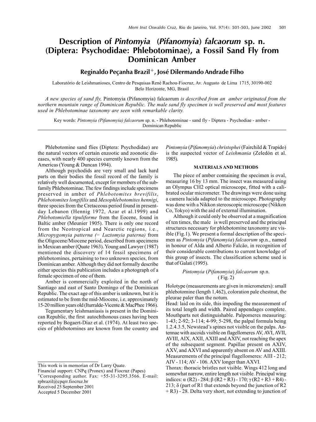 Description of Pintomyia (Pifanomyia) Falcaorum Sp. N.(Diptera