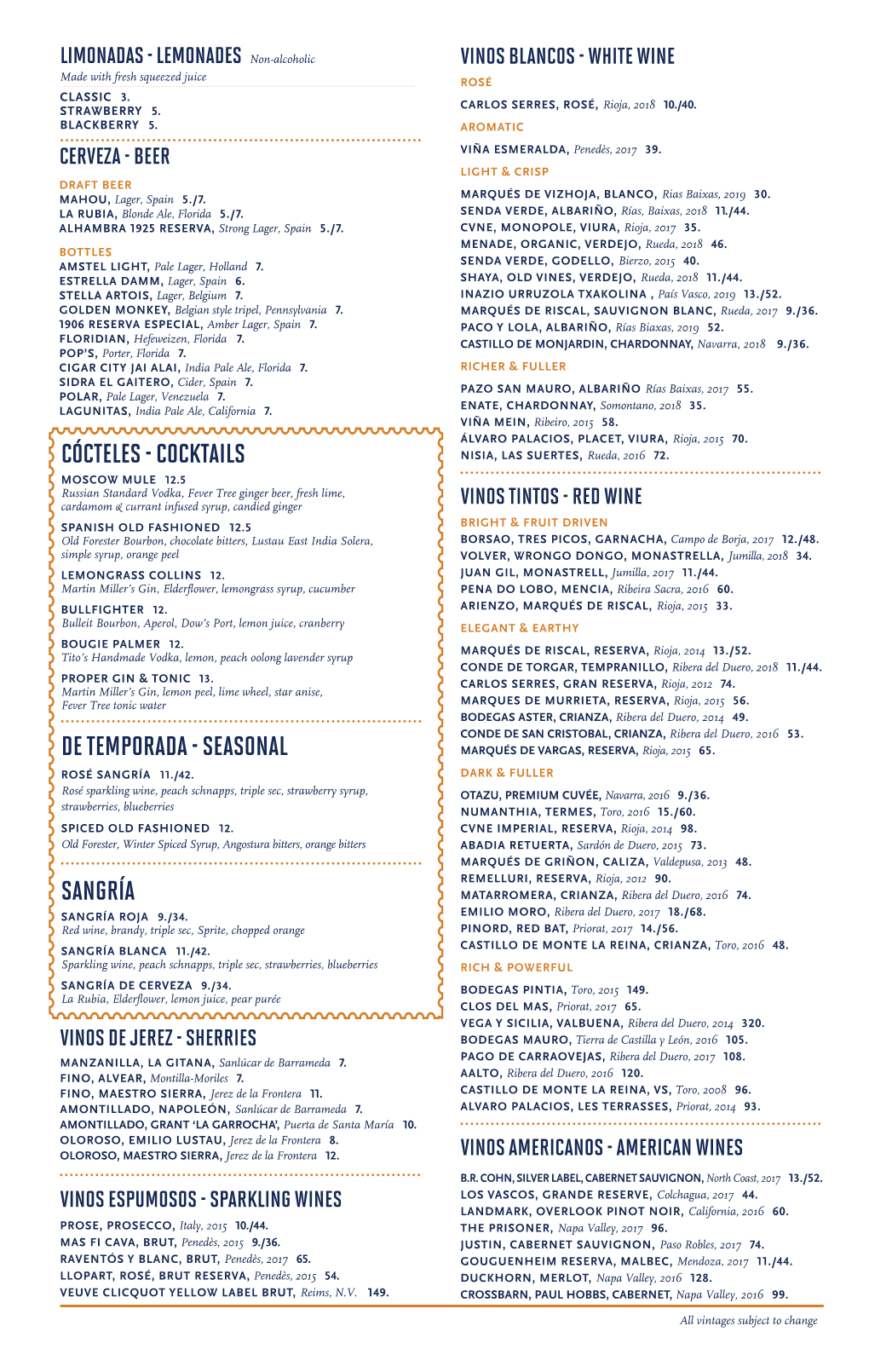 Bulla Doral Beverage Menu