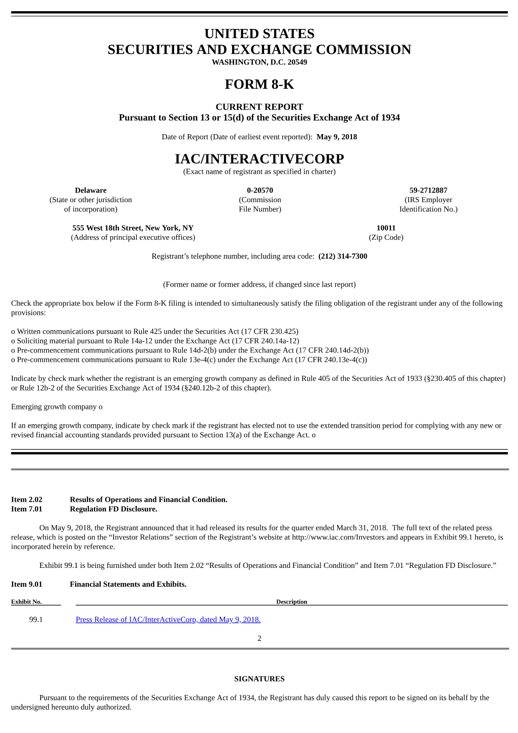 United States Securities and Exchange Commission Form 8-K Iac/Interactivecorp