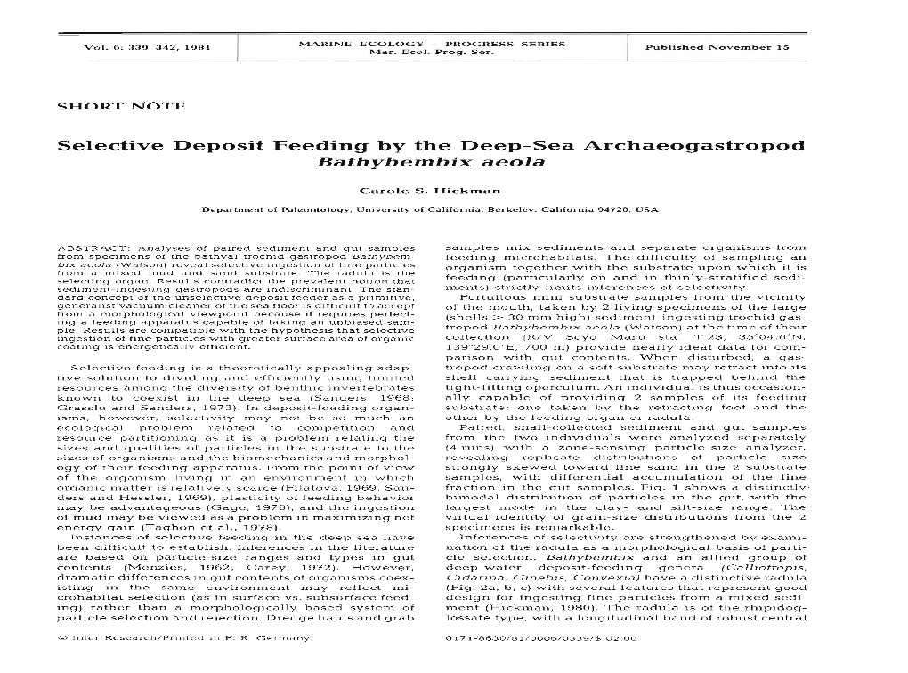 Selective Deposit Feeding by the Deep-Sea Archaeogastropod Bathybembix Aeola