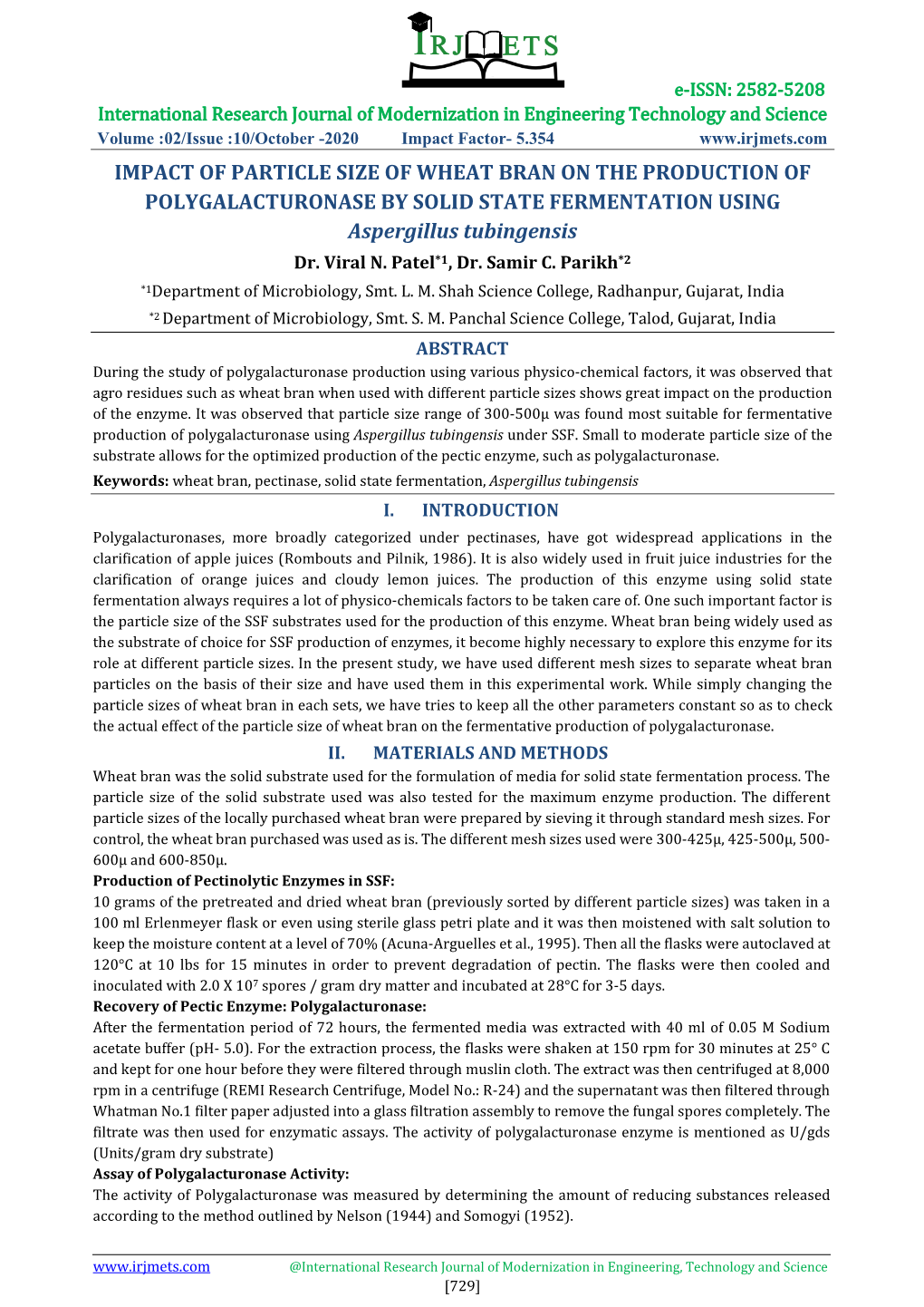 IMPACT of PARTICLE SIZE of WHEAT BRAN on the PRODUCTION of POLYGALACTURONASE by SOLID STATE FERMENTATION USING Aspergillus Tubingensis Dr