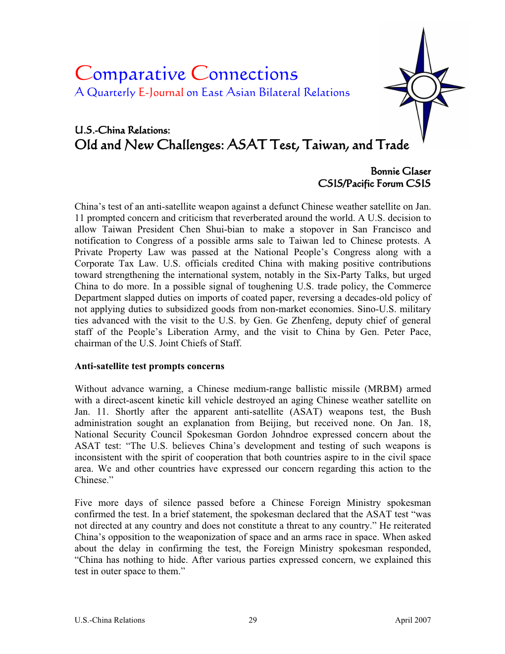 Old and New Challenges: ASAT Test, Taiwan, and Trade -- Comparative Connections: Vol. 9 No. 1 -- April 2007