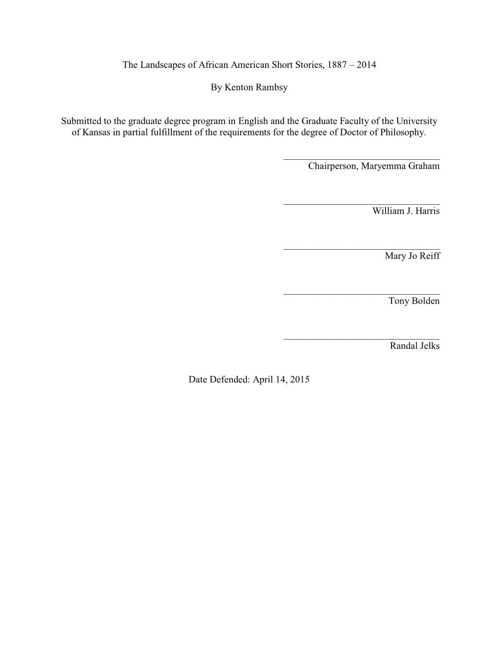 The Landscapes of African American Short Stories, 1887 – 2014 By