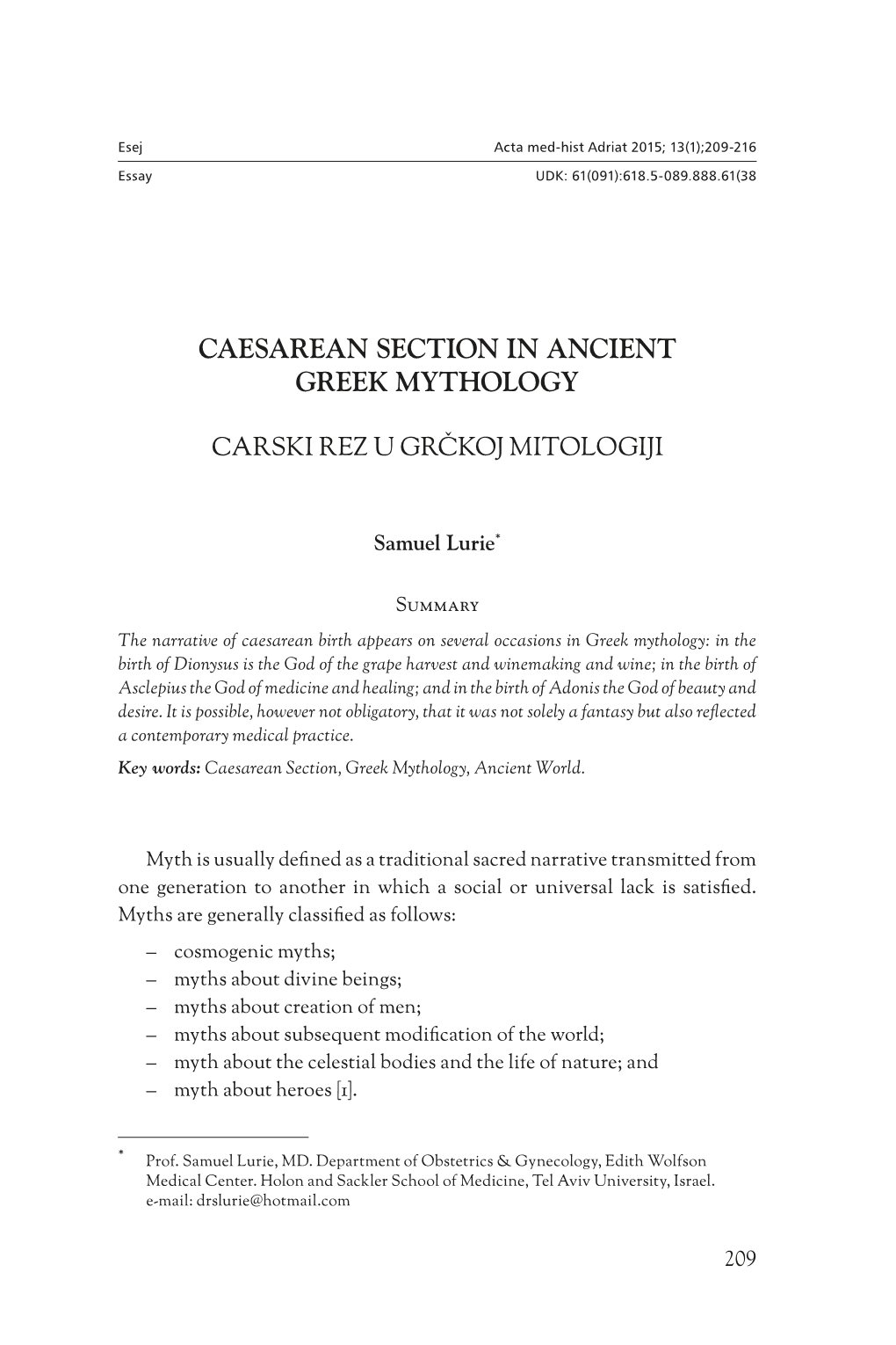 Caesarean Section in Ancient Greek Mythology