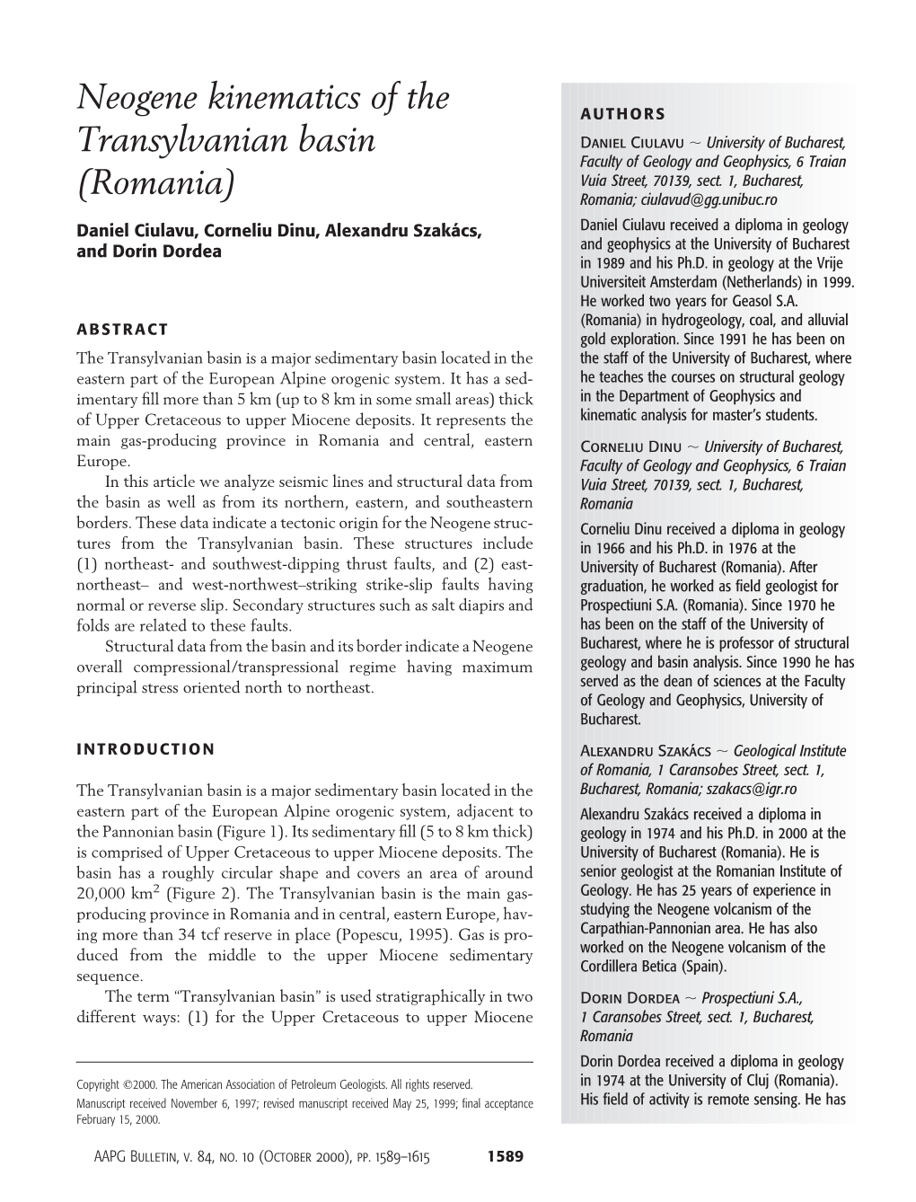 Neogene Kinematics of the Transylvanian Basin (Romania)