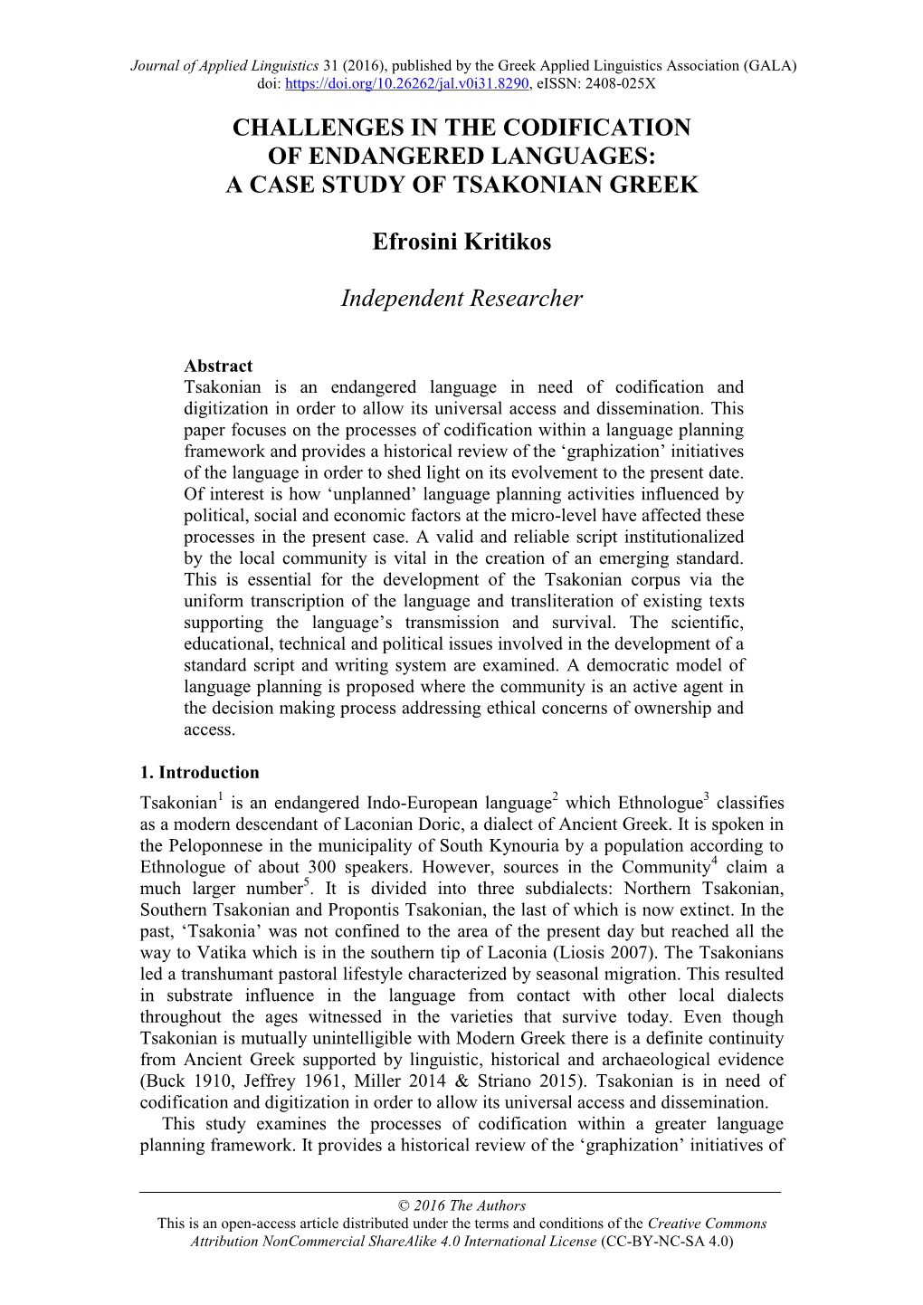 Challenges in the Codification of Endangered Languages: a Case Study of Tsakonian Greek