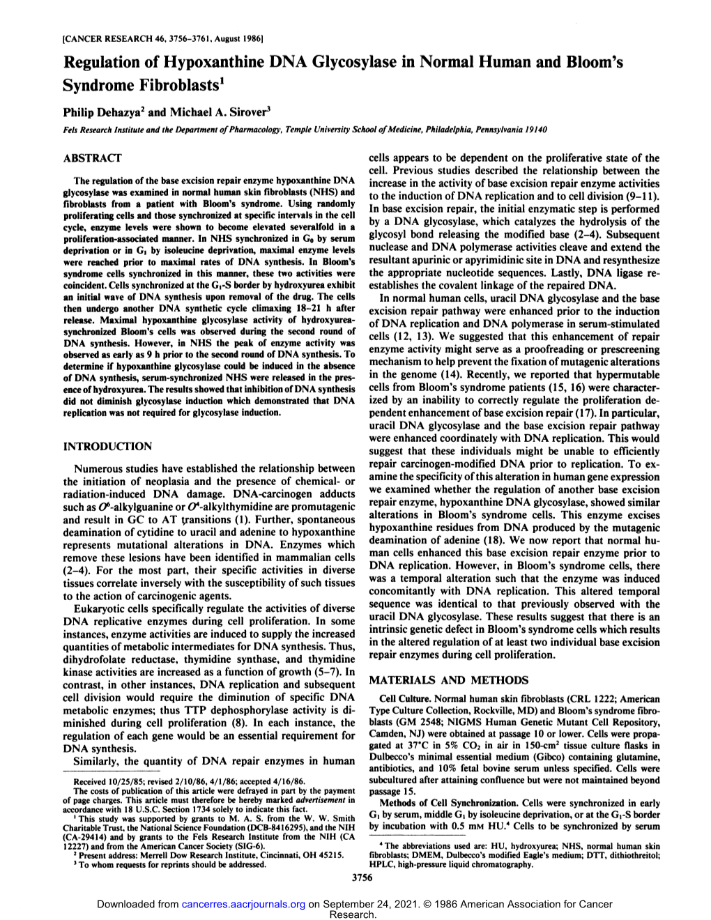 Regulation of Hypoxanthine DNA Glycosylase in Normal Human and Bloom's Syndrome Fibroblasts1