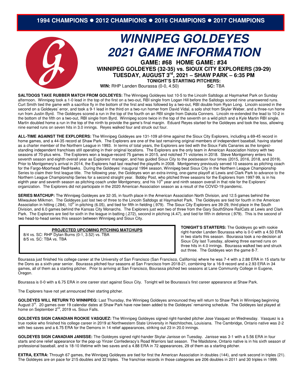 WINNIPEG GOLDEYES 2021 GAME INFORMATION GAME: #68 HOME GAME: #34 WINNIPEG GOLDEYES (32-35) Vs