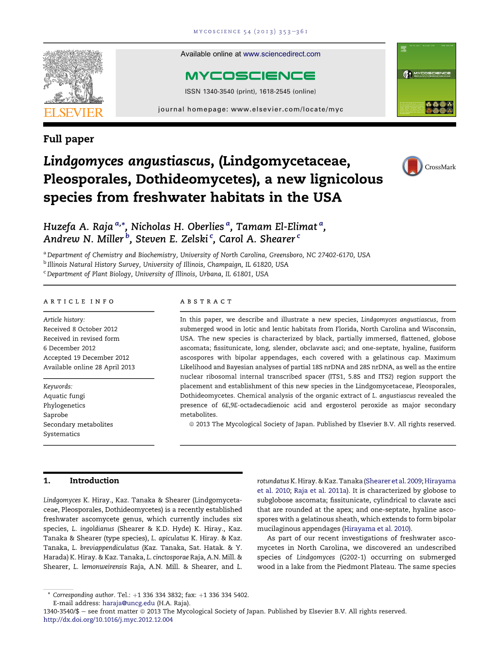 Lindgomyces Angustiascus, (Lindgomycetaceae, Pleosporales, Dothideomycetes), a New Lignicolous Species from Freshwater Habitats in the USA