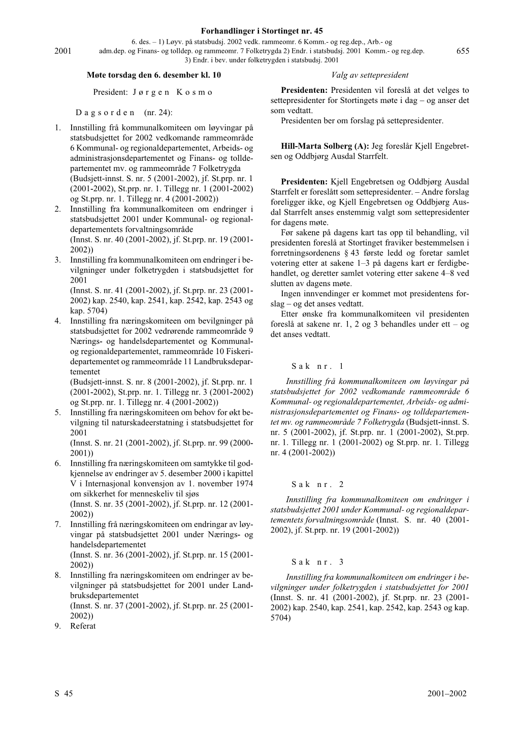 Forhandlinger I Stortinget Nr. 45 S 2001–2002 2001 655 Møte