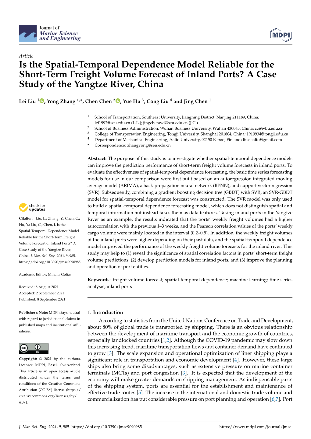 Is the Spatial-Temporal Dependence Model Reliable for the Short-Term Freight Volume Forecast of Inland Ports? a Case Study of the Yangtze River, China