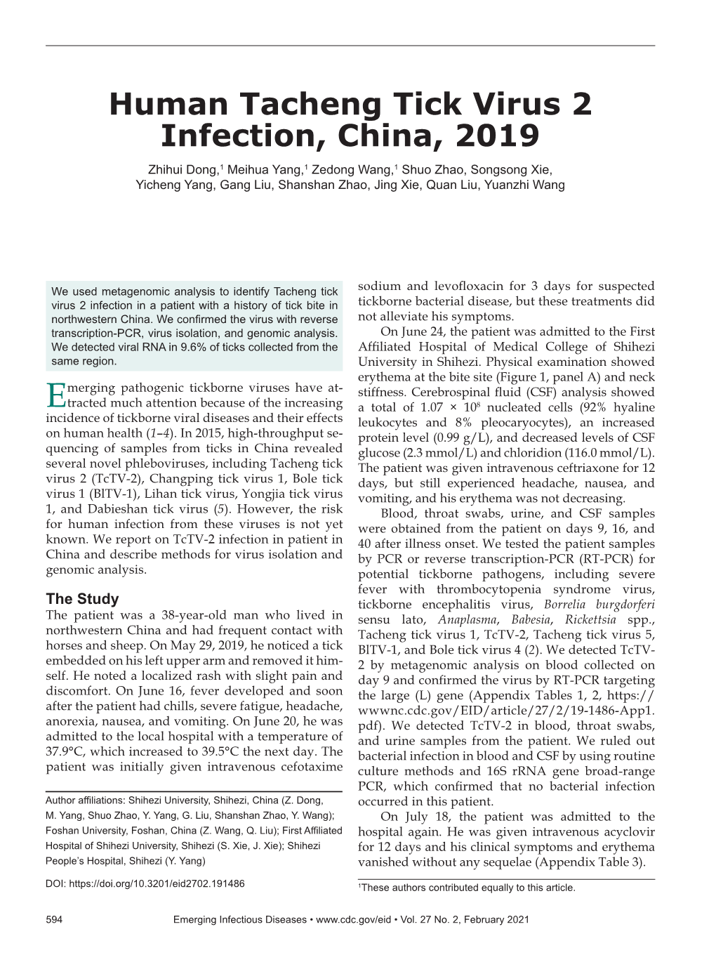 Human Tacheng Tick Virus 2 Infection, China, 2019