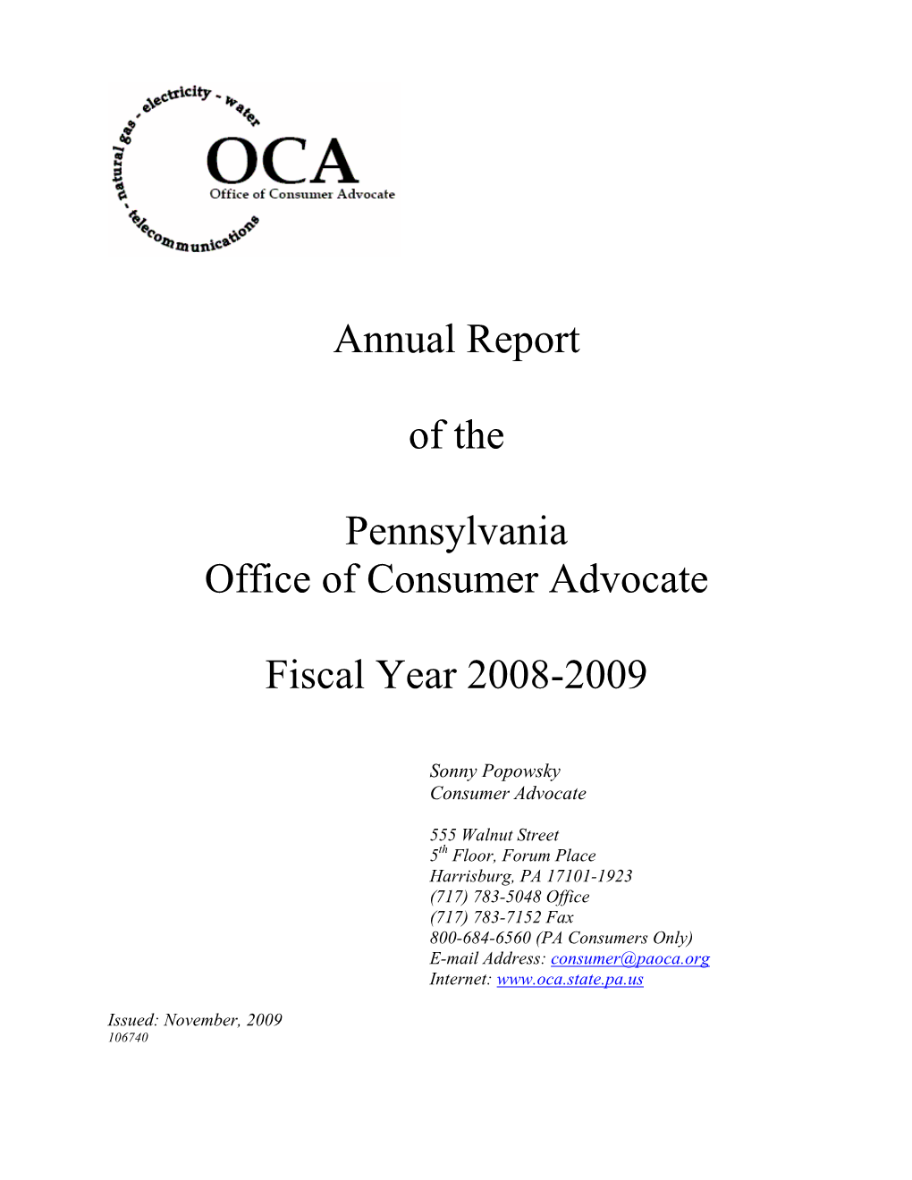 Annual Report of the Pennsylvania Office of Consumer Advocate Fiscal Year 2008-2009