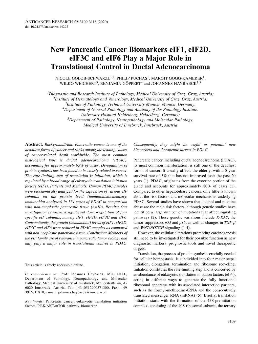 New Pancreatic Cancer Biomarkers Eif1, Eif2d, Eif3c and Eif6 Play A