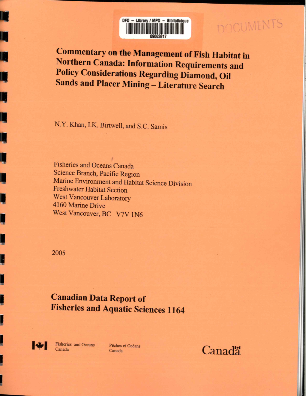 Canadian Data Report of Fisheries and Aquatic Sciences
