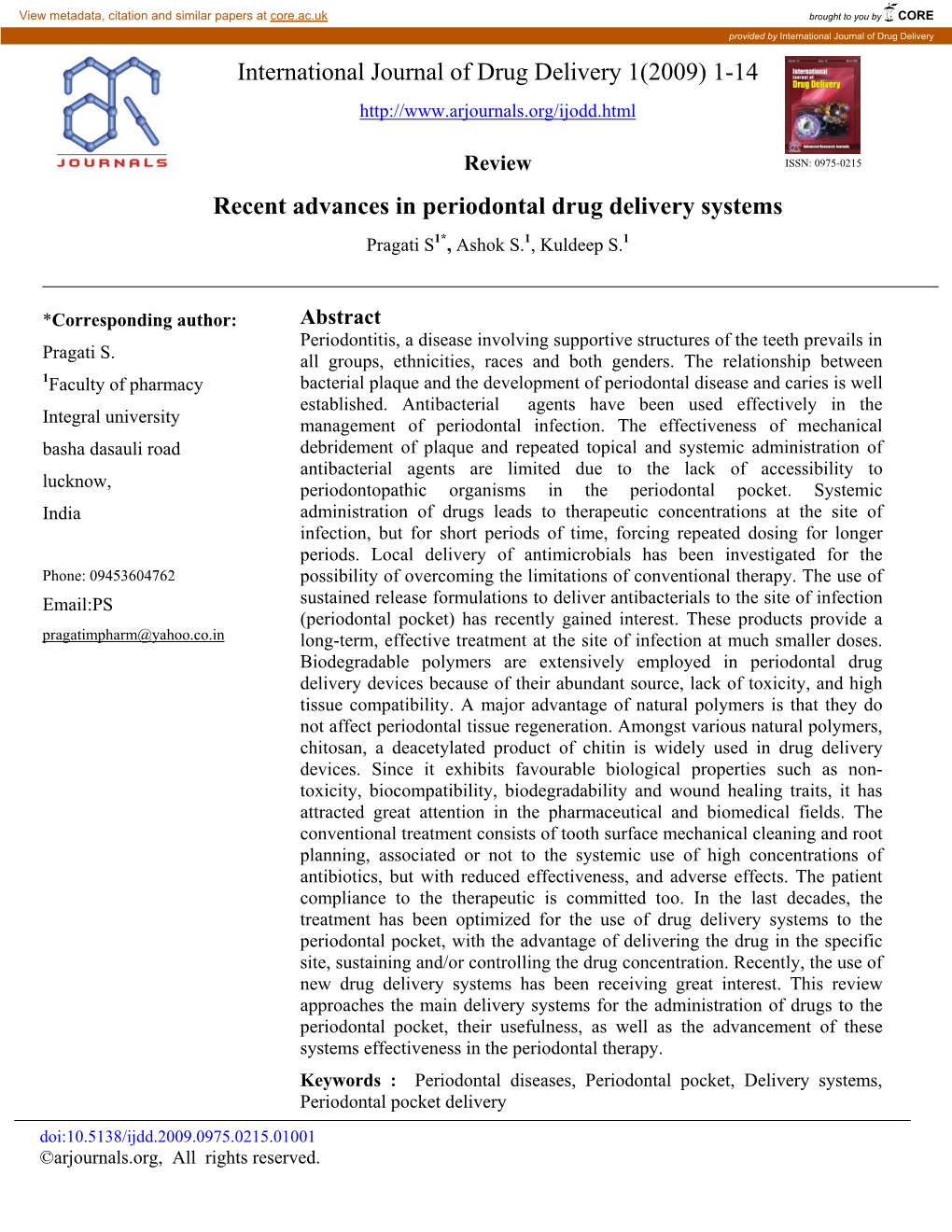 Recent Advances in Periodontal Drug Delivery Systems