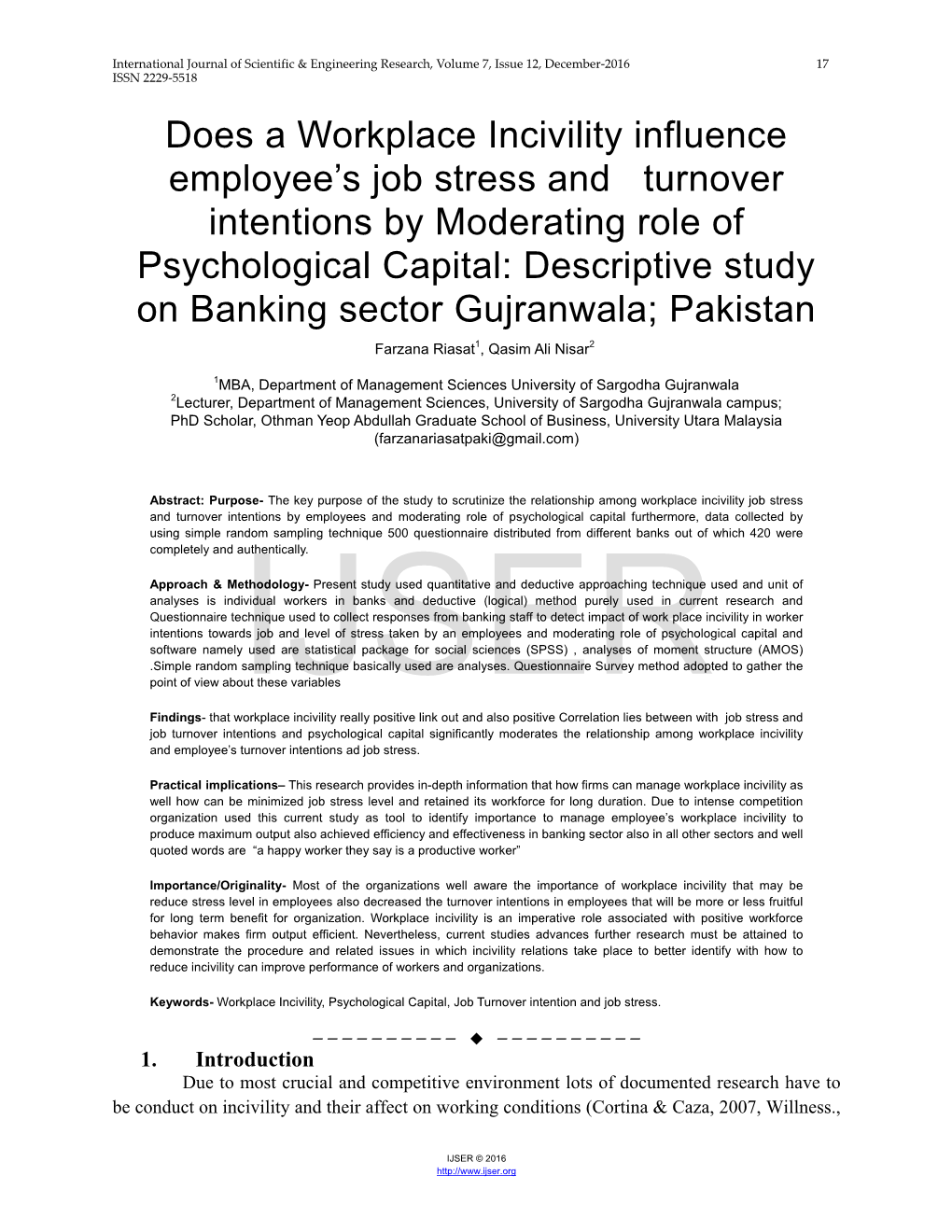 Does a Workplace Incivility Influence Employee's Job Stress and Turnover Intentions by Moderating Role of Psychological Capi