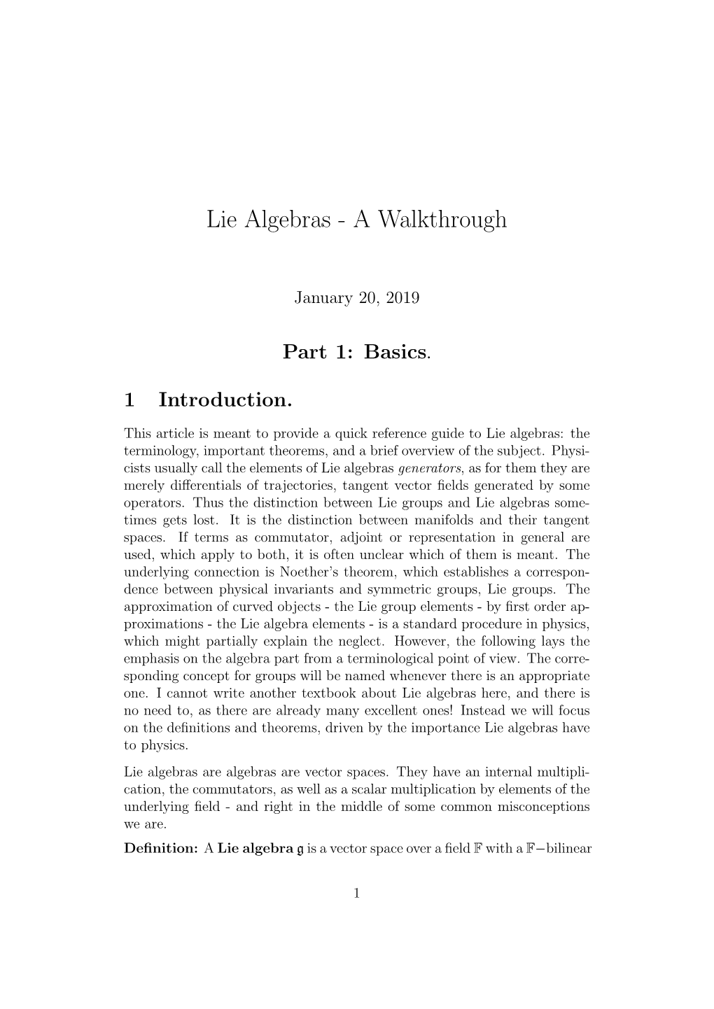 Lie Algebras - a Walkthrough