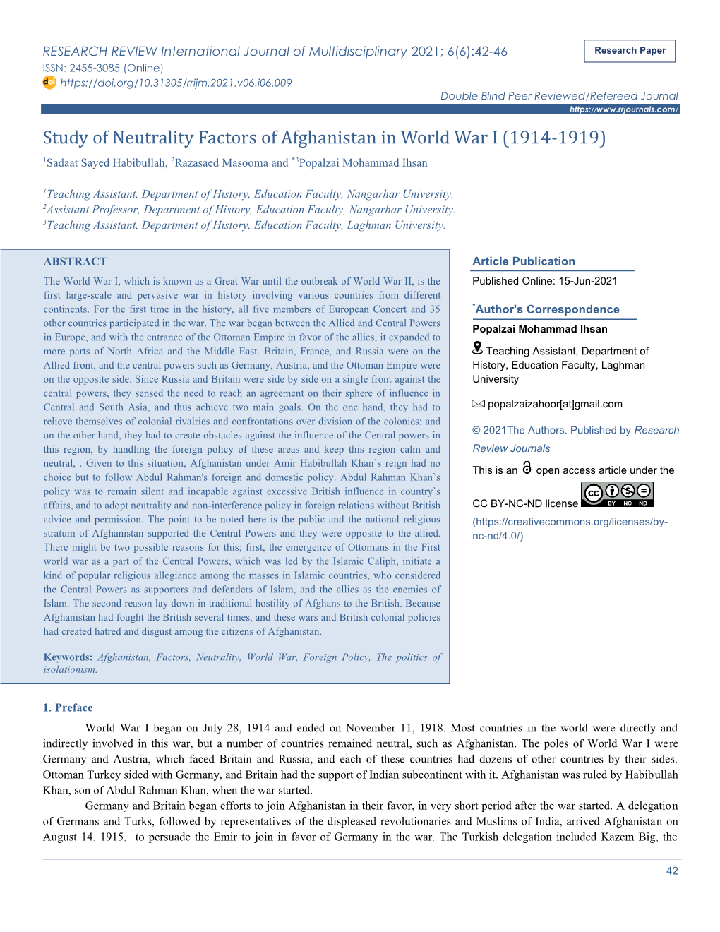 Study of Neutrality Factors of Afghanistan in World War I (1914-1919)