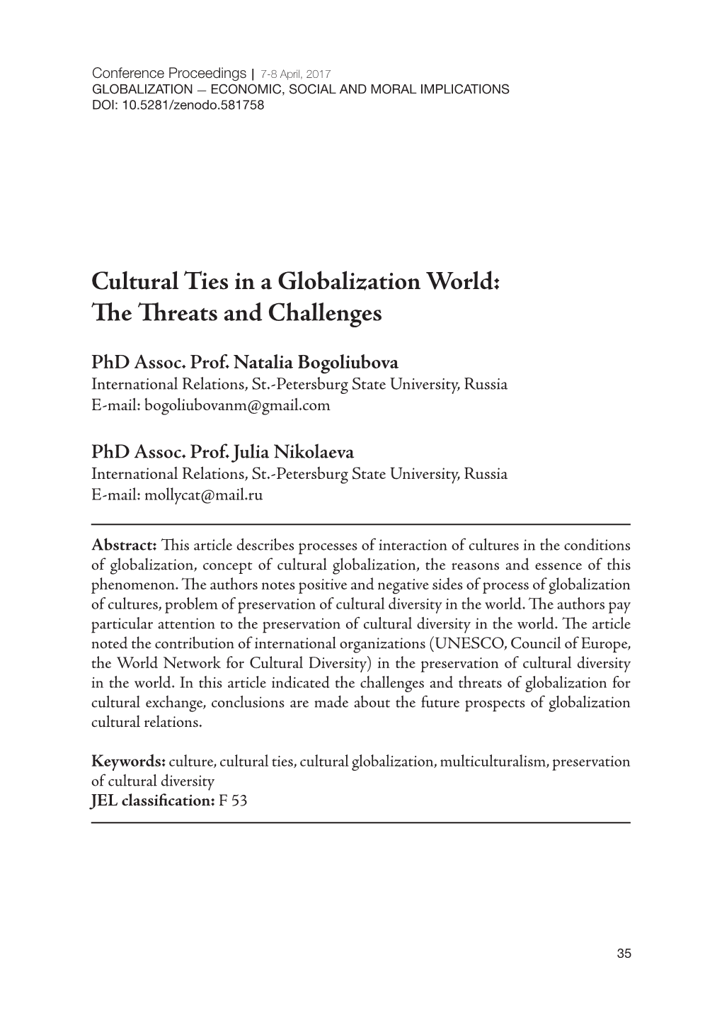 PDF Cultural Ties in a Globalization World: the Threats and Challenges