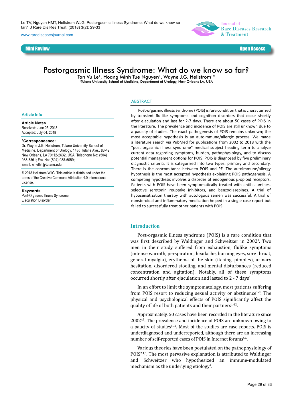 Postorgasmic Illness Syndrome: What Do We Know So Journal of Far? J Rare Dis Res Treat