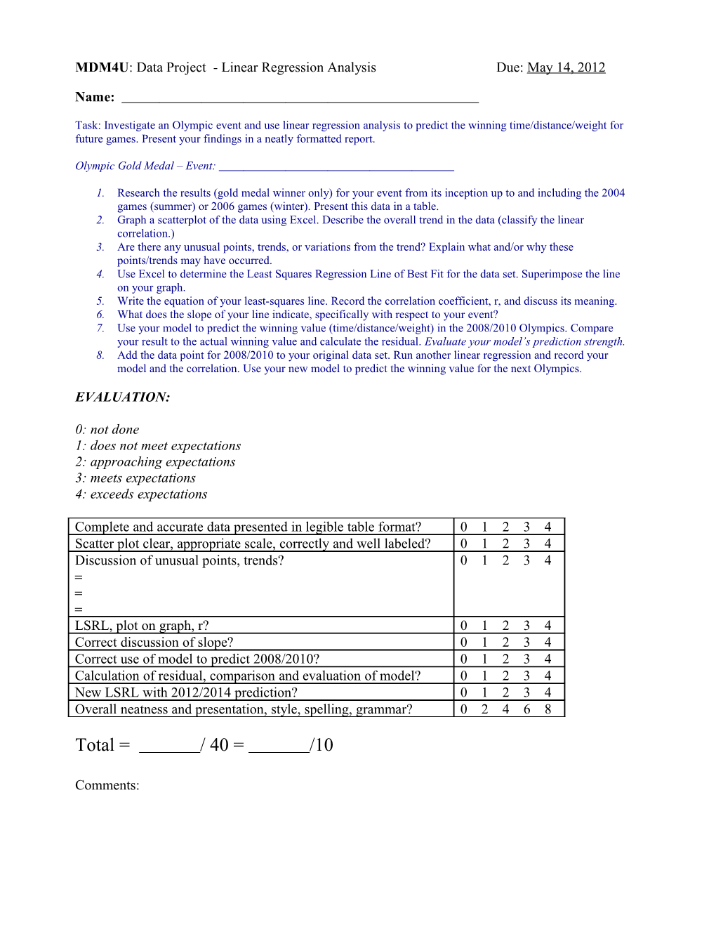 MDM4U: Data Project - Linear Regression Analysis Due: May 14, 2012