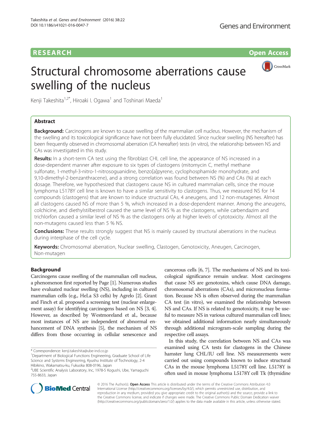 Structural Chromosome Aberrations Cause Swelling of the Nucleus Kenji Takeshita1,2*, Hiroaki I