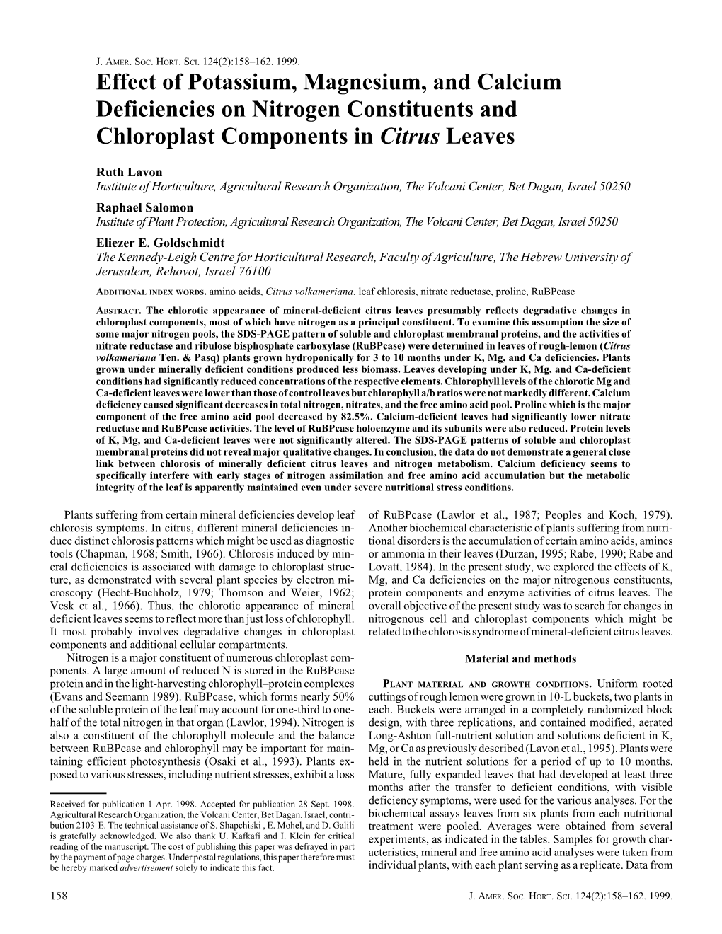 Effect of Potassium, Magnesium, and Calcium Deficiencies on Nitrogen Constituents and Chloroplast Components in Citrus Leaves