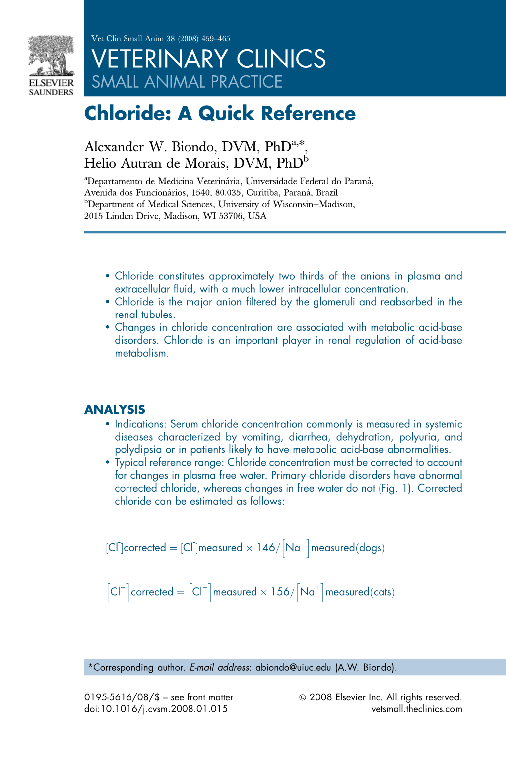 VETERINARY CLINICS SMALL ANIMAL PRACTICE Chloride: a Quick Reference