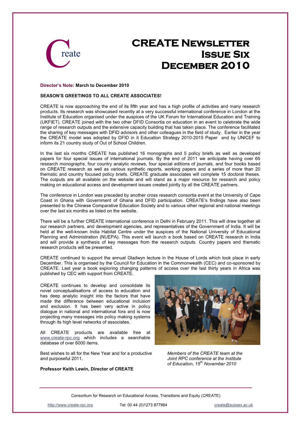 CREATE Newsletter Issue 6, December 2010