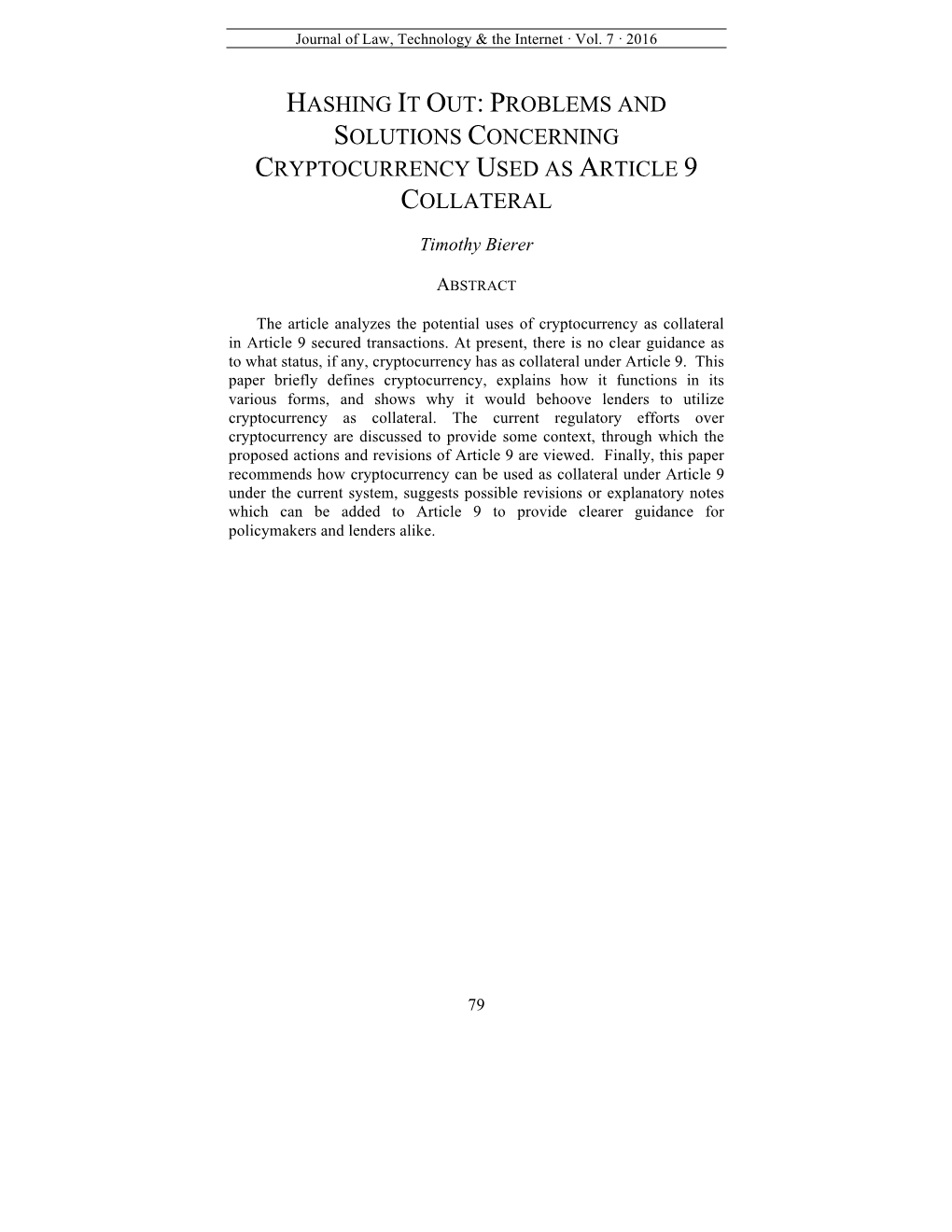 Problems and Solutions Concerning Cryptocurrency Used As Article 9 Collateral