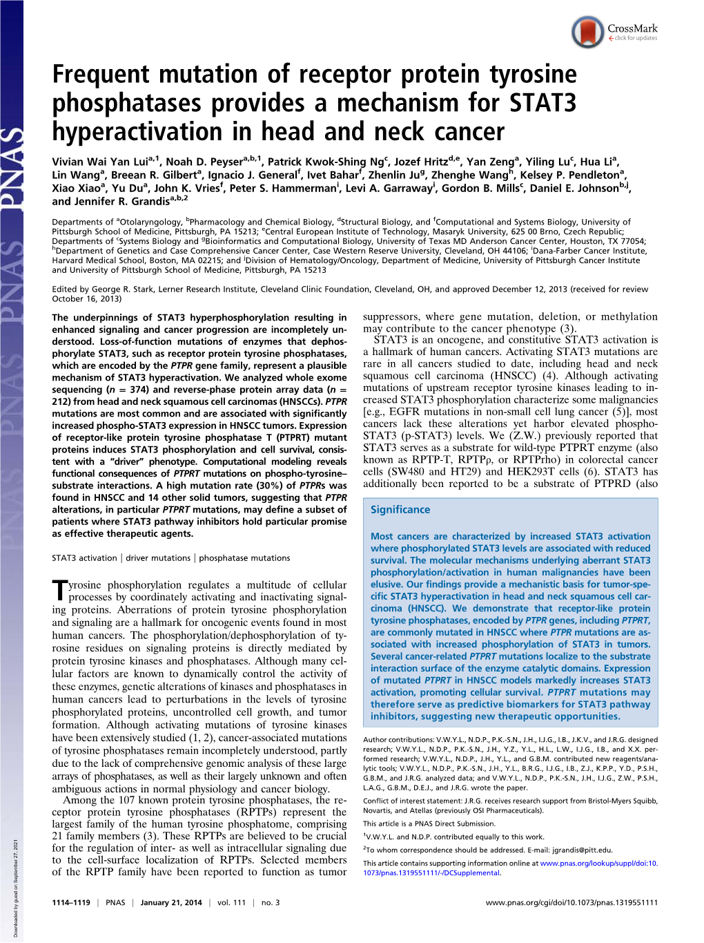 Frequent Mutation of Receptor Protein Tyrosine Phosphatases Provides a Mechanism for STAT3 Hyperactivation in Head and Neck Cancer