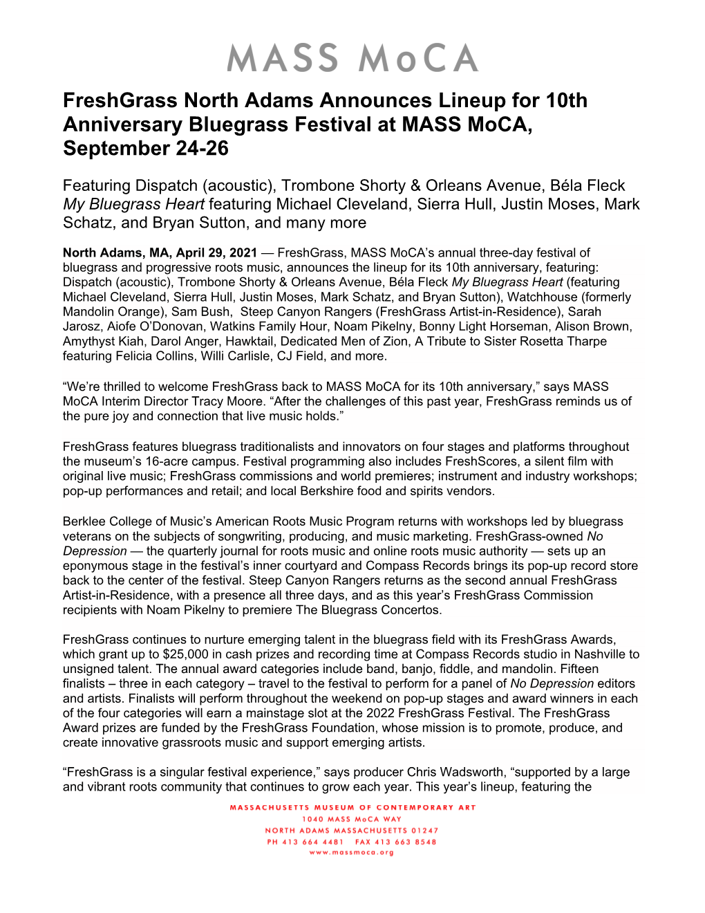 Freshgrass North Adams Announces Lineup for 10Th Anniversary Bluegrass Festival at MASS Moca, September 24-26