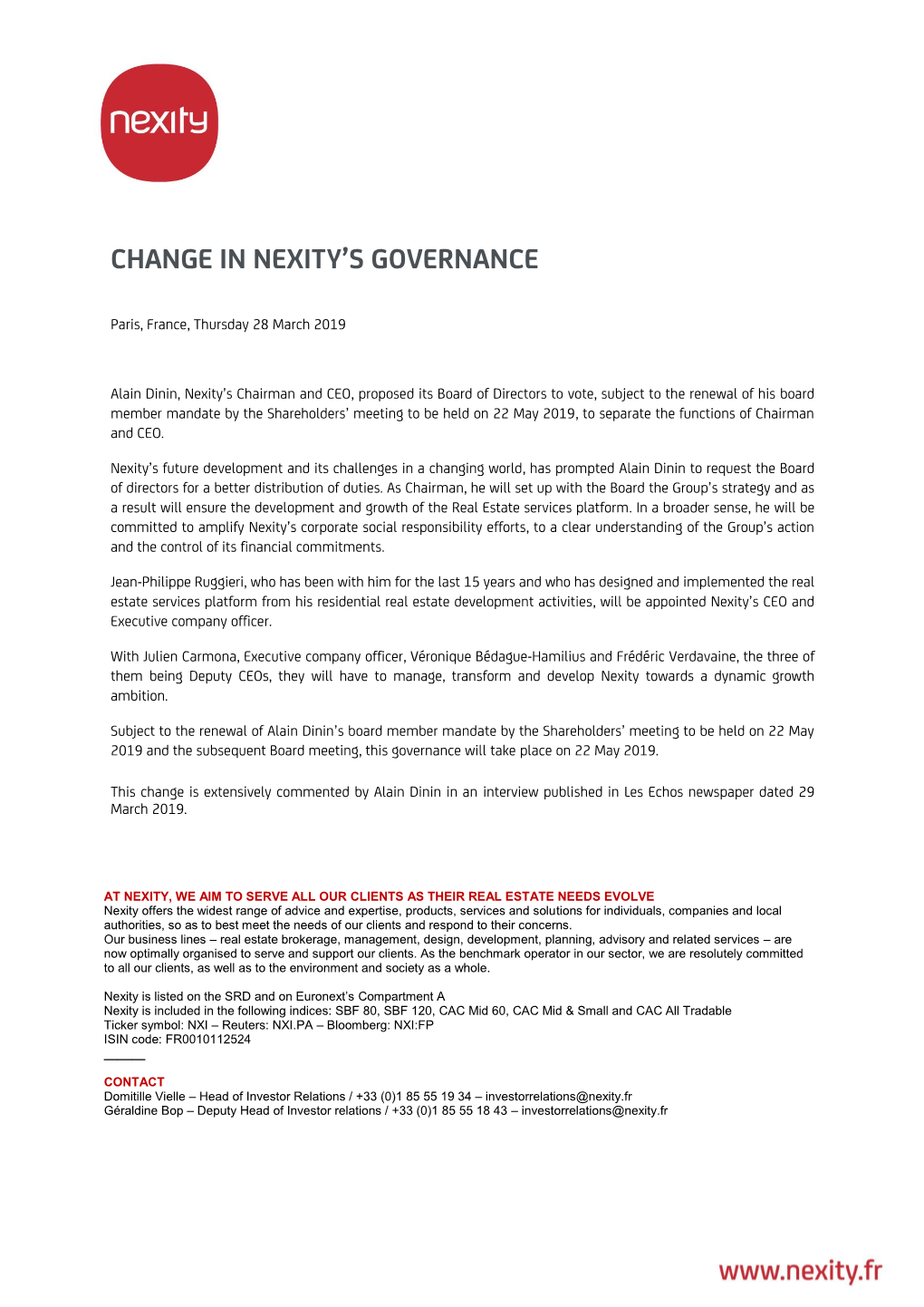 Change in Nexity's Governance