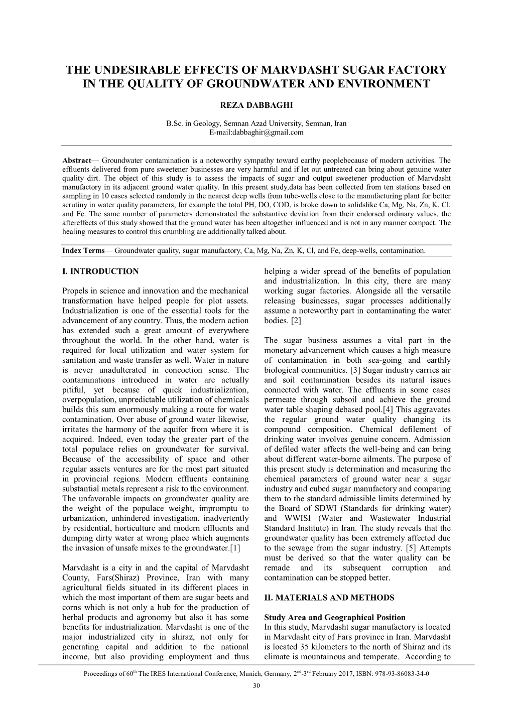 The Undesirable Effects of Marvdasht Sugar Factory in the Quality of Groundwater and Environment