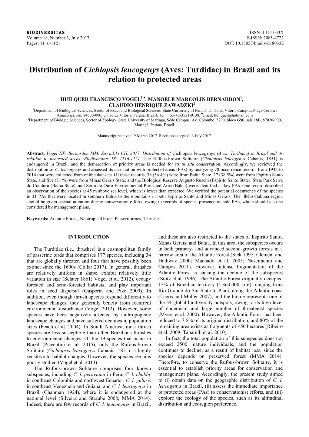 Distribution of Cichlopsis Leucogenys (Aves: Turdidae) in Brazil and Its Relation to Protected Areas