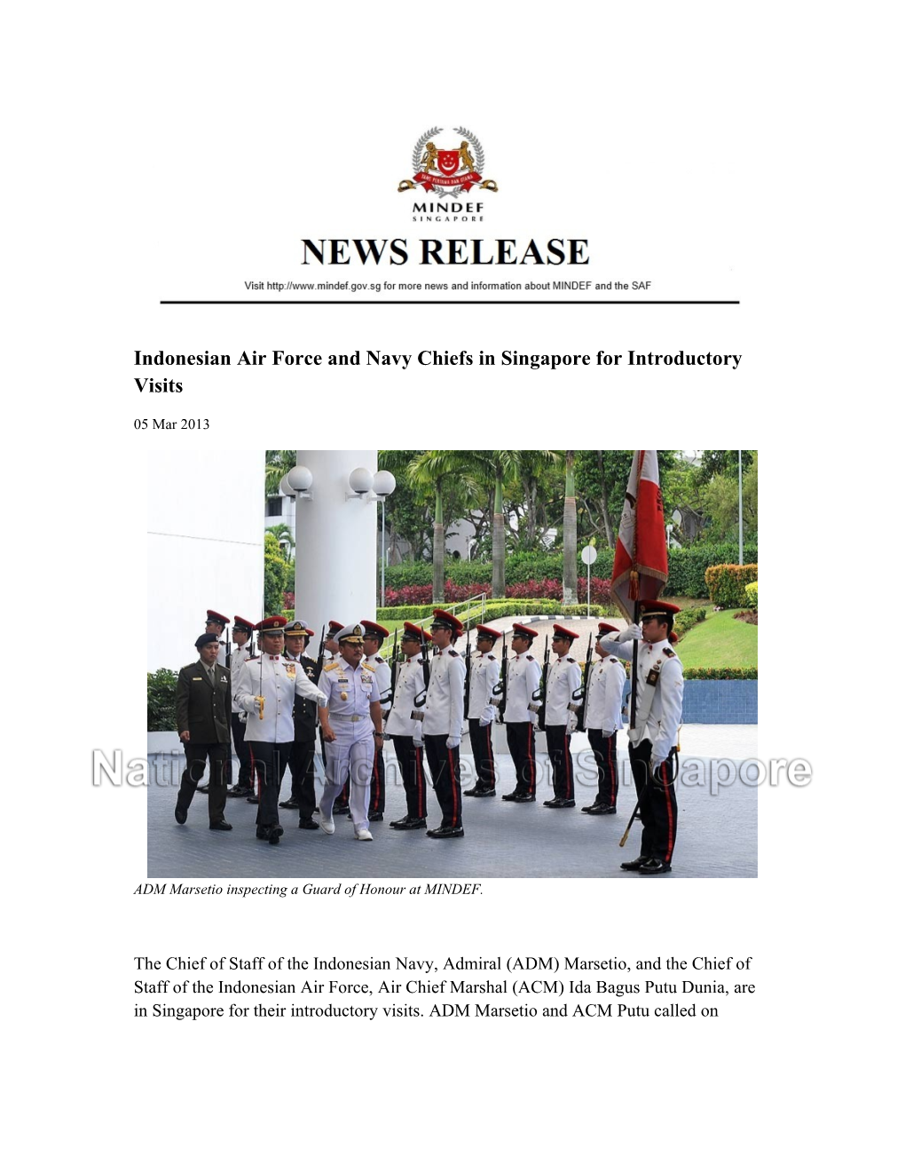 Indonesian Air Force and Navy Chiefs in Singapore for Introductory Visits