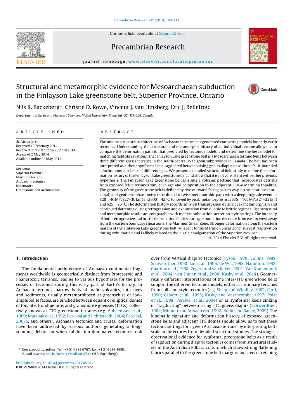 Structural and Metamorphic Evidence for Mesoarchaean Subduction in the Finlayson Lake Greenstone Belt, Superior Province, Ontari