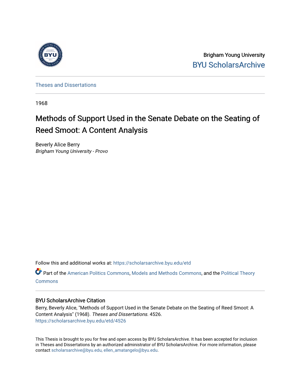 Methods of Support Used in the Senate Debate on the Seating of Reed Smoot: a Content Analysis