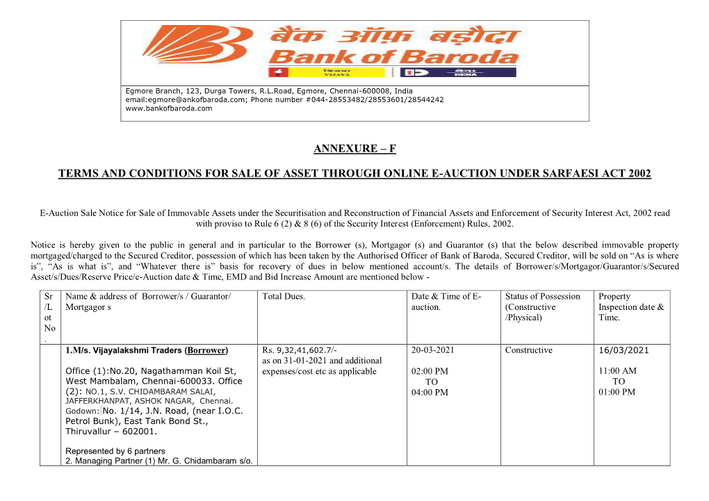 F Terms and Conditions for Sale of Asset