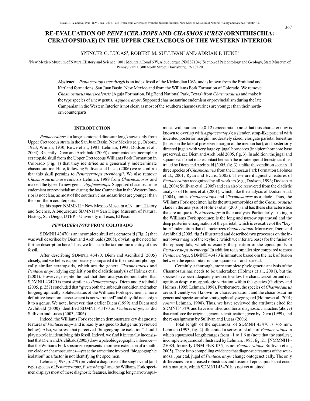 Re-Evaluation of Pentaceratops and Chasmosaurus (Ornithischia: Ceratopsidae) in the Upper Cretaceous of the Western Interior